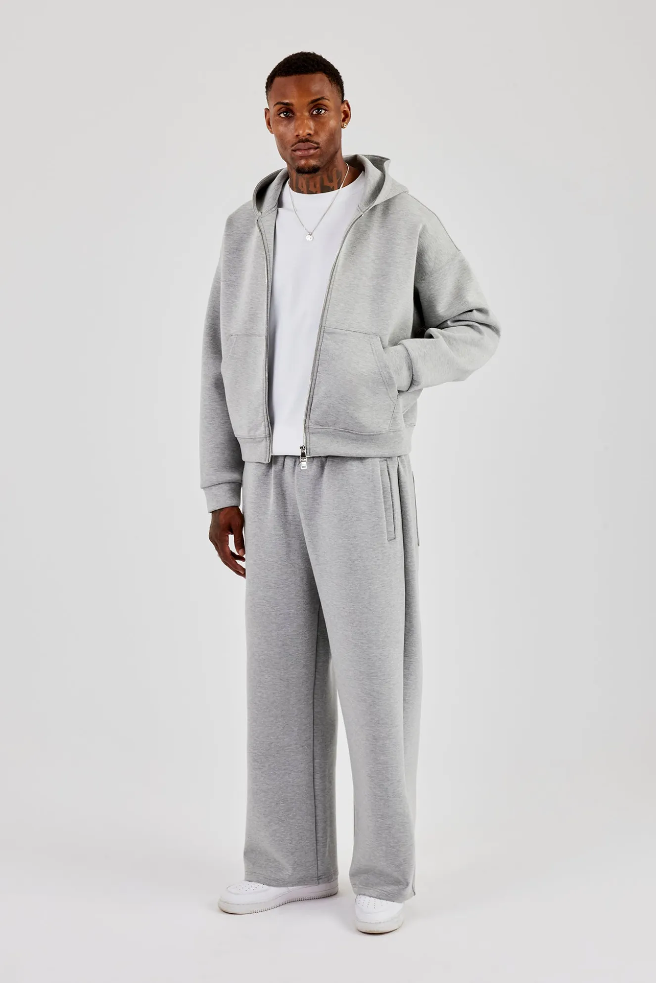 Scuba Zip Through Boxy Hoodie & Wide Leg Trouser - Grey