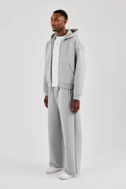 Scuba Zip Through Boxy Hoodie & Wide Leg Trouser - Grey