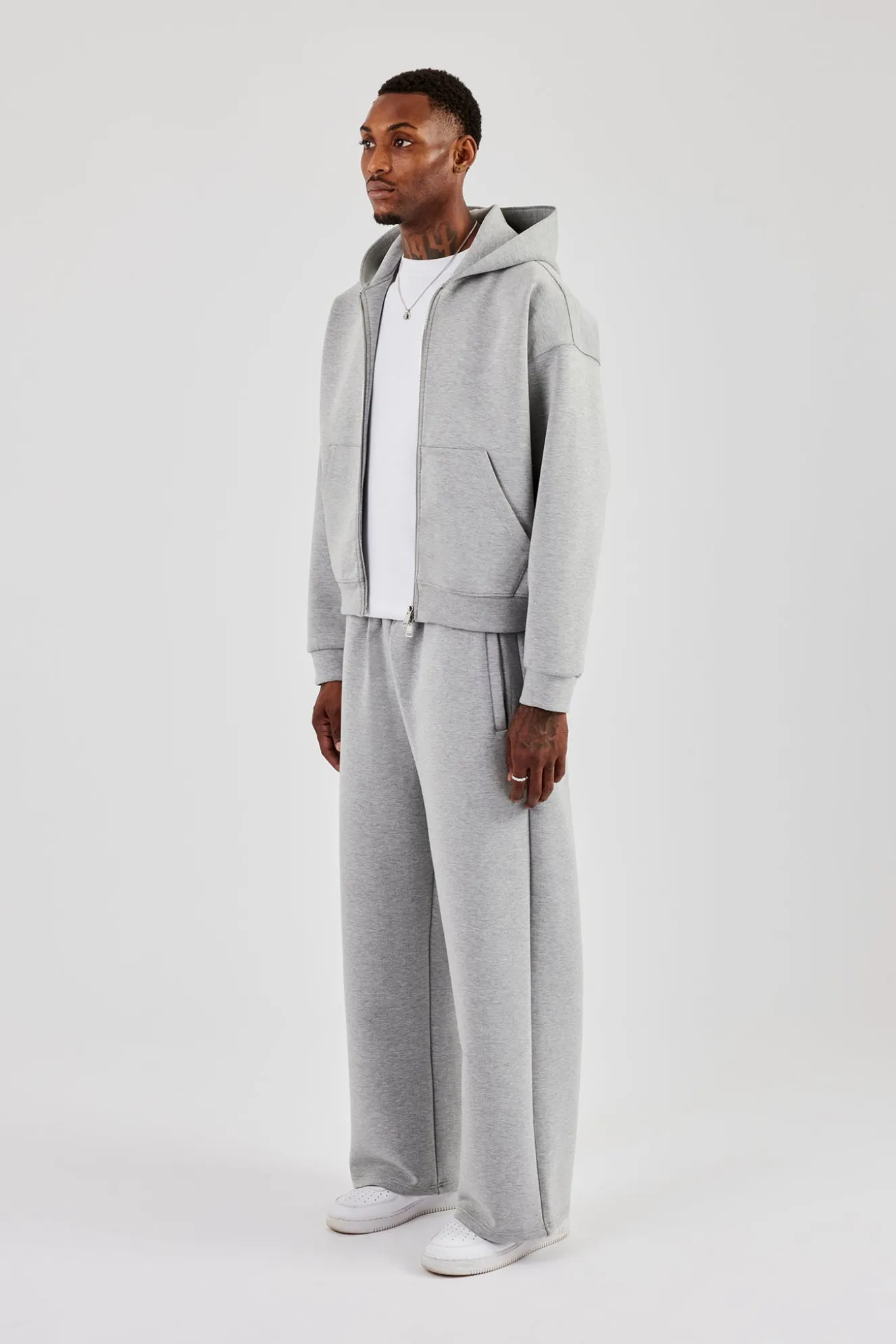 Scuba Zip Through Boxy Hoodie & Wide Leg Trouser - Grey
