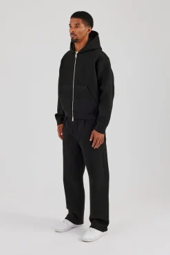 Scuba Zip Through Boxy Hoodie & Relaxed Trouser - Black