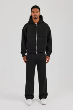 Scuba Zip Through Boxy Hoodie & Relaxed Trouser - Black