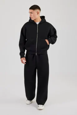 Scuba Zip Through Boxy Hoodie & Baggy Fit Trouser - Black
