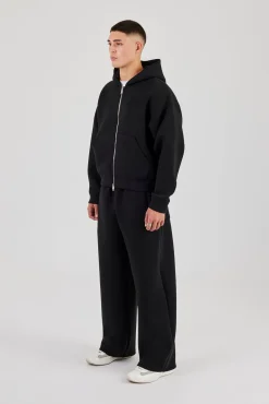 Scuba Zip Through Boxy Hoodie & Baggy Fit Trouser - Black