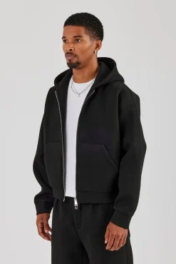 Scuba Zip Through Boxy Hoodie - Black