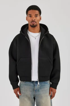 Scuba Zip Through Boxy Hoodie - Black