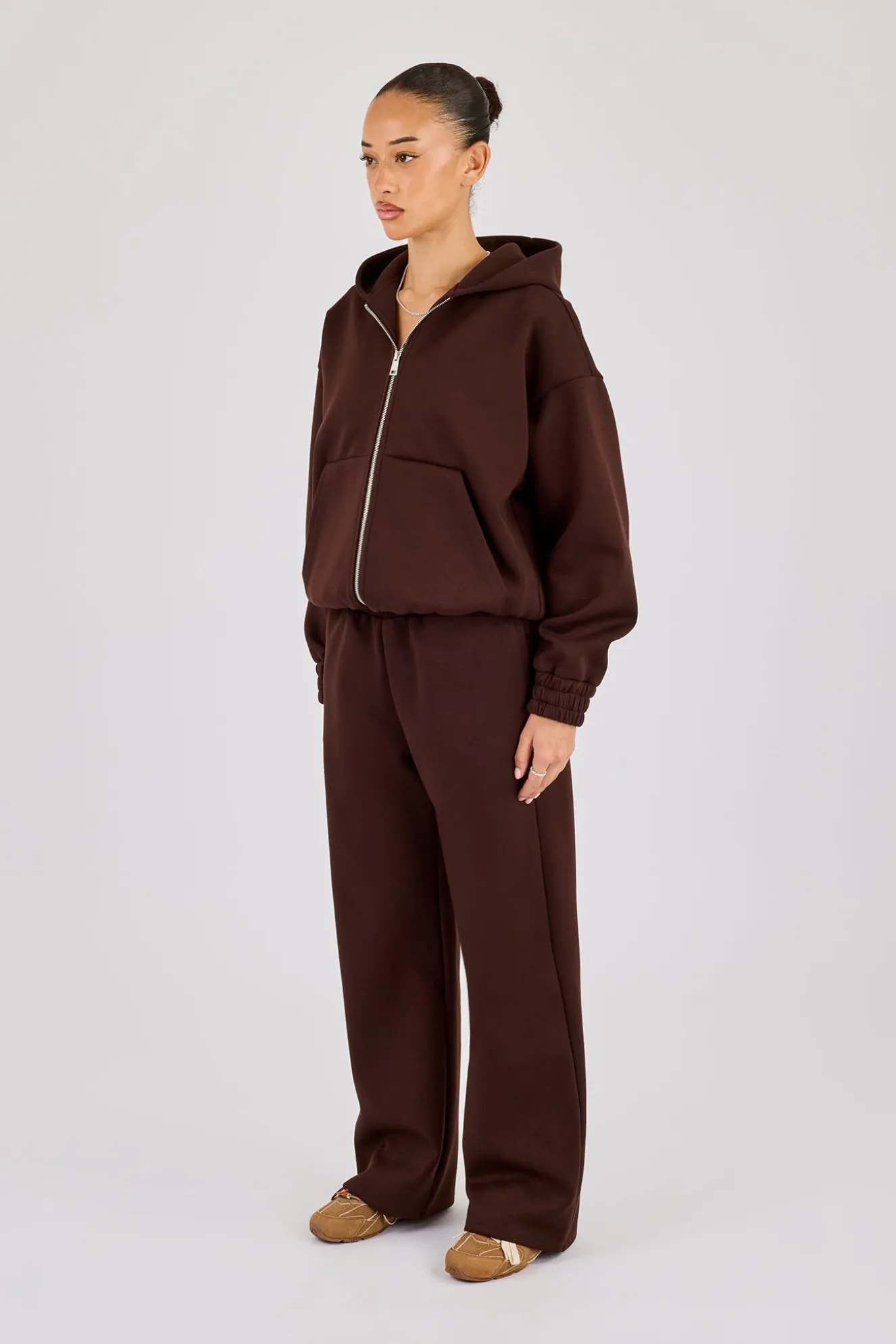 Scuba Zip Through Hoodie & Wide Leg Jogger - Chocolate