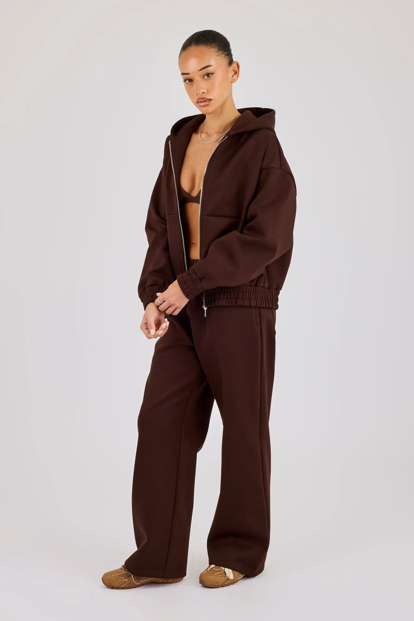 Scuba Zip Through Hoodie & Wide Leg Jogger - Chocolate