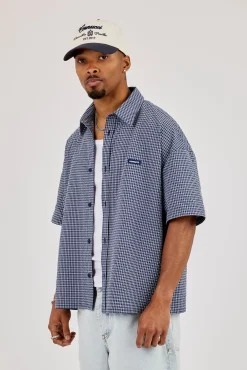 Short Sleeve Boxy Check Shirt - Navy