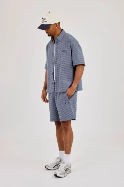 Short Sleeve Boxy Check Shirt - Navy