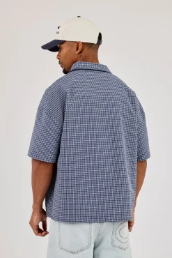 Short Sleeve Boxy Check Shirt - Navy