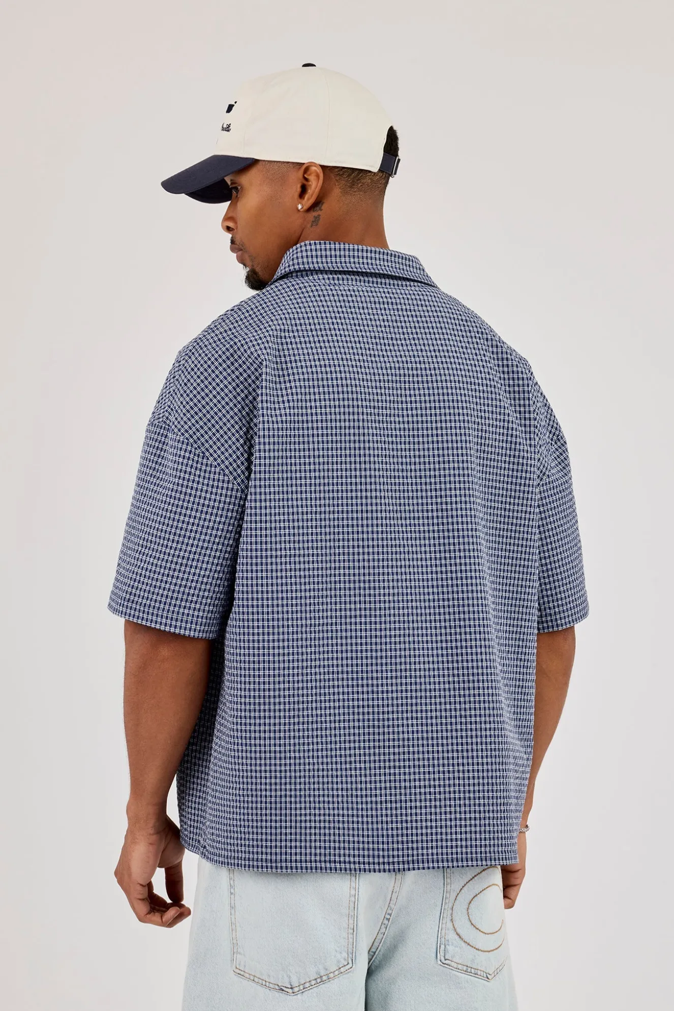 Short Sleeve Boxy Check Shirt - Navy