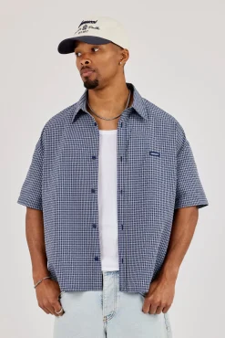 Short Sleeve Boxy Check Shirt - Navy