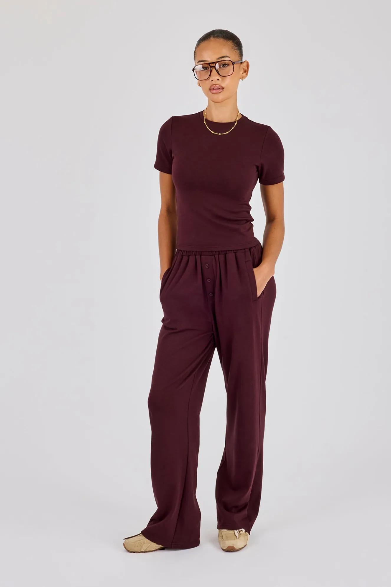 Soft Touch Button Detail Trouser - Burgundy