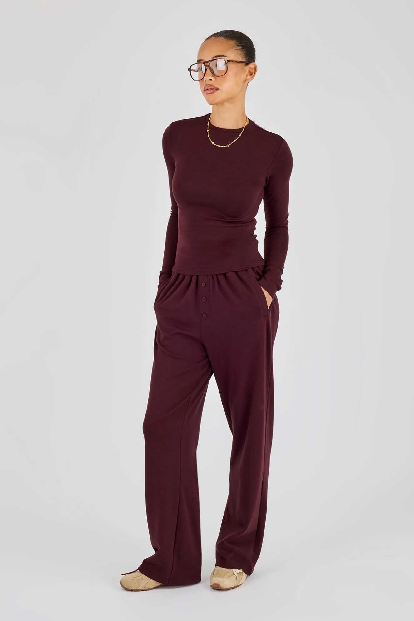 Soft Touch Button Detail Trouser - Burgundy