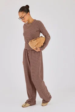 Soft Touch Double Stripe Long Sleeve Top & Wide Leg Trouser - Chocolate