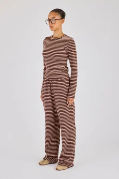 Soft Touch Double Stripe Long Sleeve Top & Wide Leg Trouser - Chocolate
