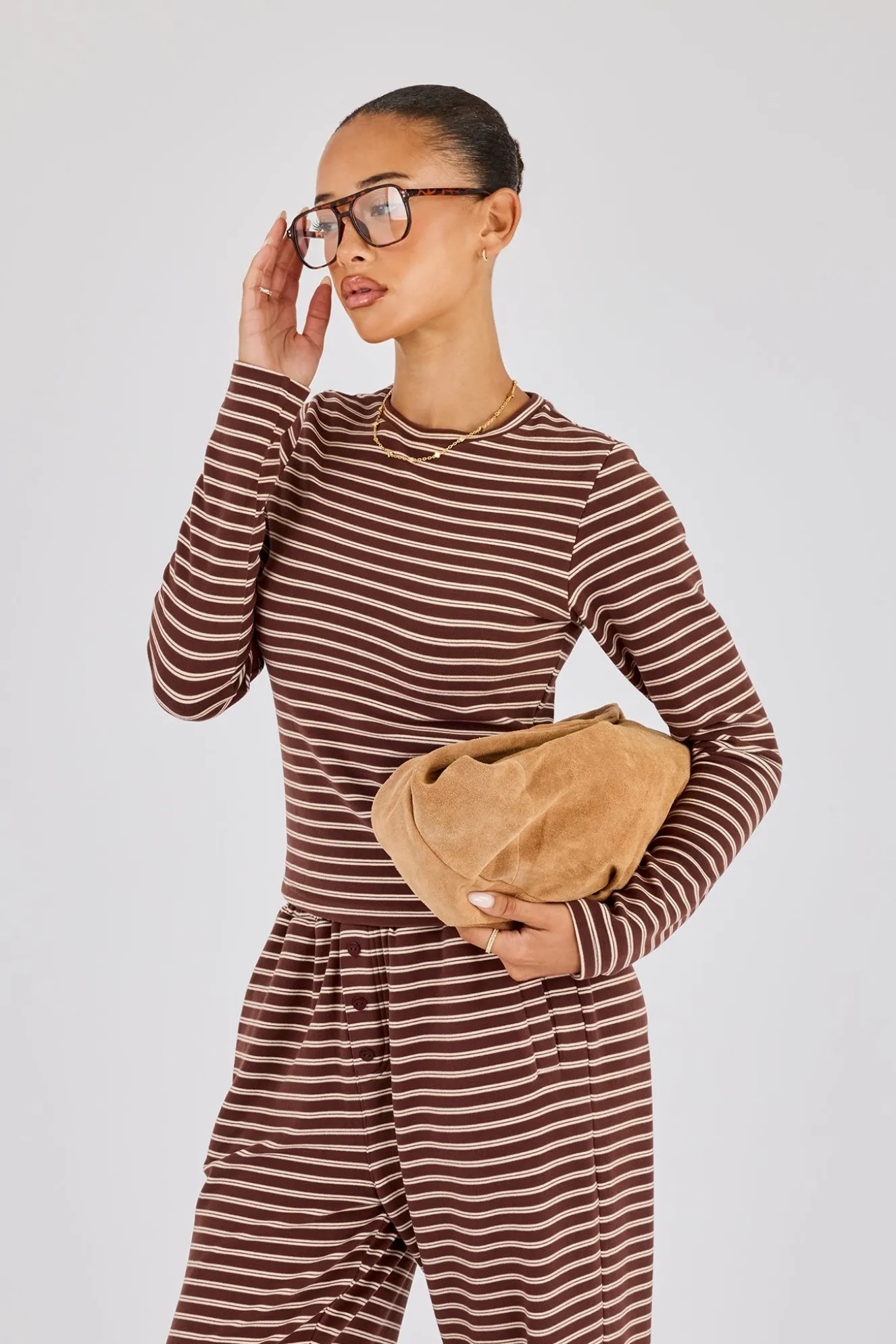 Soft Touch Double Stripe Long Sleeve Top - Chocolate