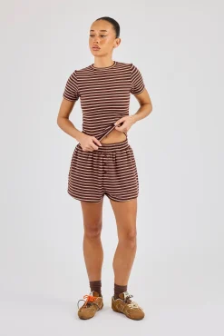 Soft Touch Double Stripe Short Sleeve Top & Short - Chocolate