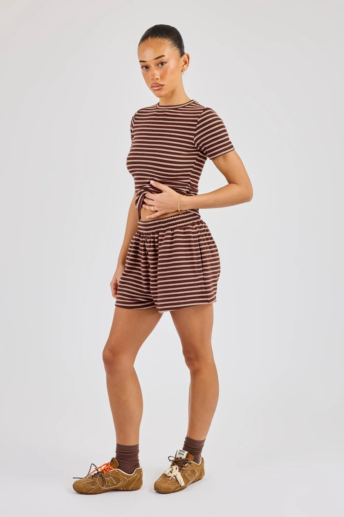 Soft Touch Double Stripe Short Sleeve Top & Short - Chocolate