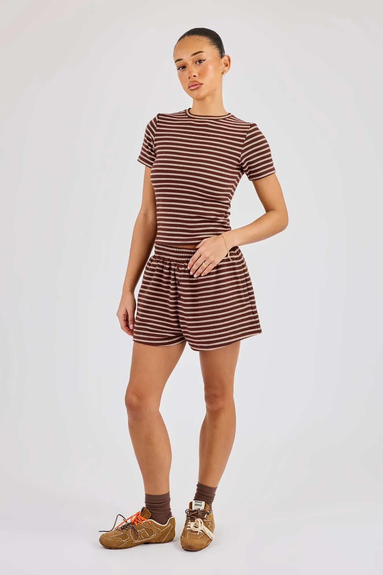 Soft Touch Double Stripe Short Sleeve Top & Short - Chocolate