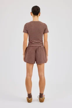 Soft Touch Double Stripe Short Sleeve Top & Short - Chocolate