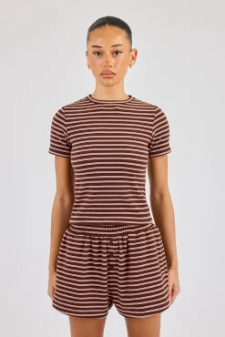 Soft Touch Double Stripe Short Sleeve Top - Chocolate