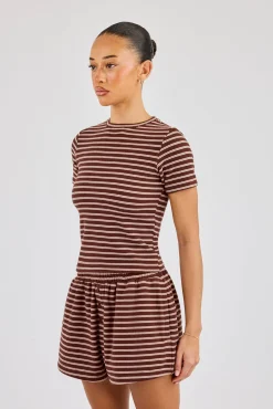 Soft Touch Double Stripe Short Sleeve Top - Chocolate