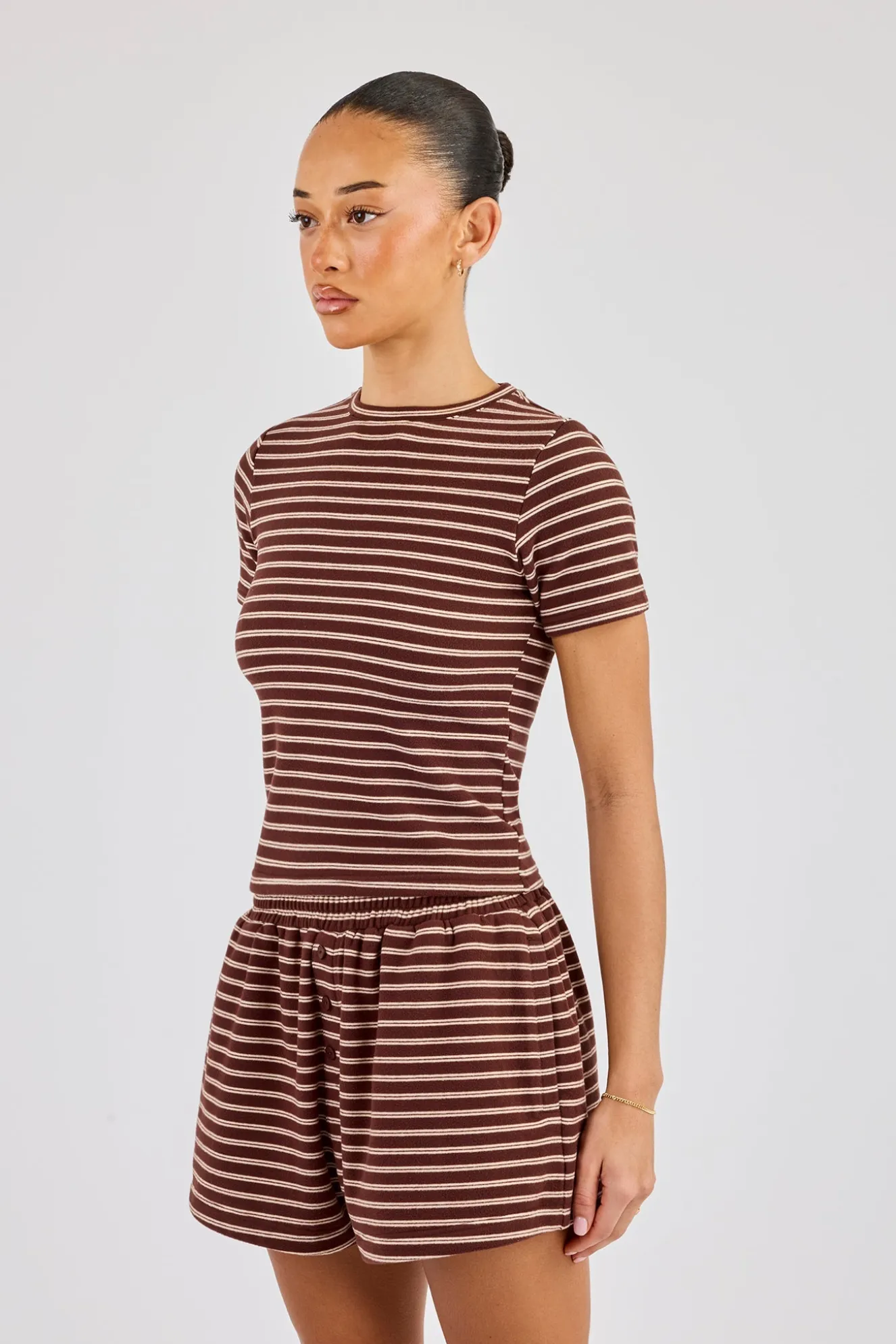 Soft Touch Double Stripe Short Sleeve Top - Chocolate
