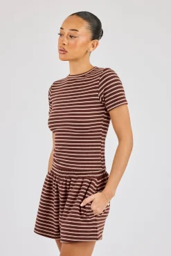 Soft Touch Double Stripe Short Sleeve Top - Chocolate