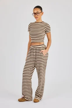 Soft Touch Double Stripe Short Sleeve Top & Trouser - Beige