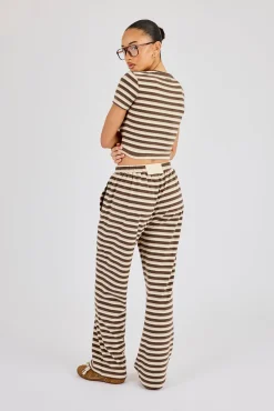 Soft Touch Double Stripe Short Sleeve Top & Trouser - Beige