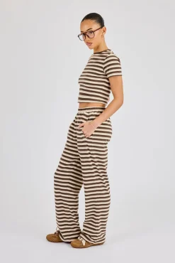 Soft Touch Double Stripe Short Sleeve Top & Trouser - Beige