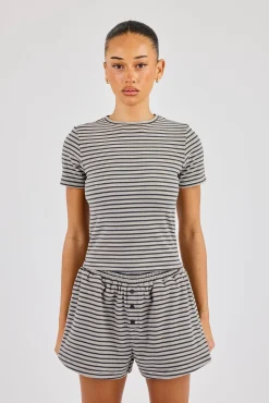 Soft Touch Double Stripe Short Sleeve Top - Grey