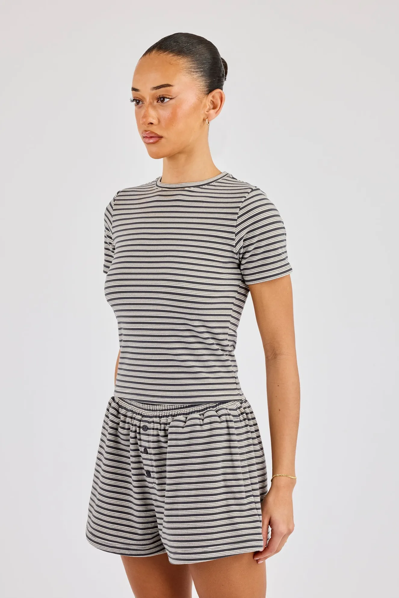 Soft Touch Double Stripe Short Sleeve Top - Grey