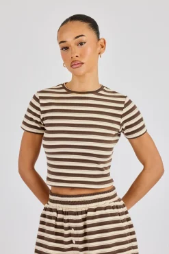 Soft Touch Double Stripe Short Sleeve Top - Beige