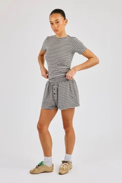 Soft Touch Double Stripe Short Sleeve Top & Short - Grey