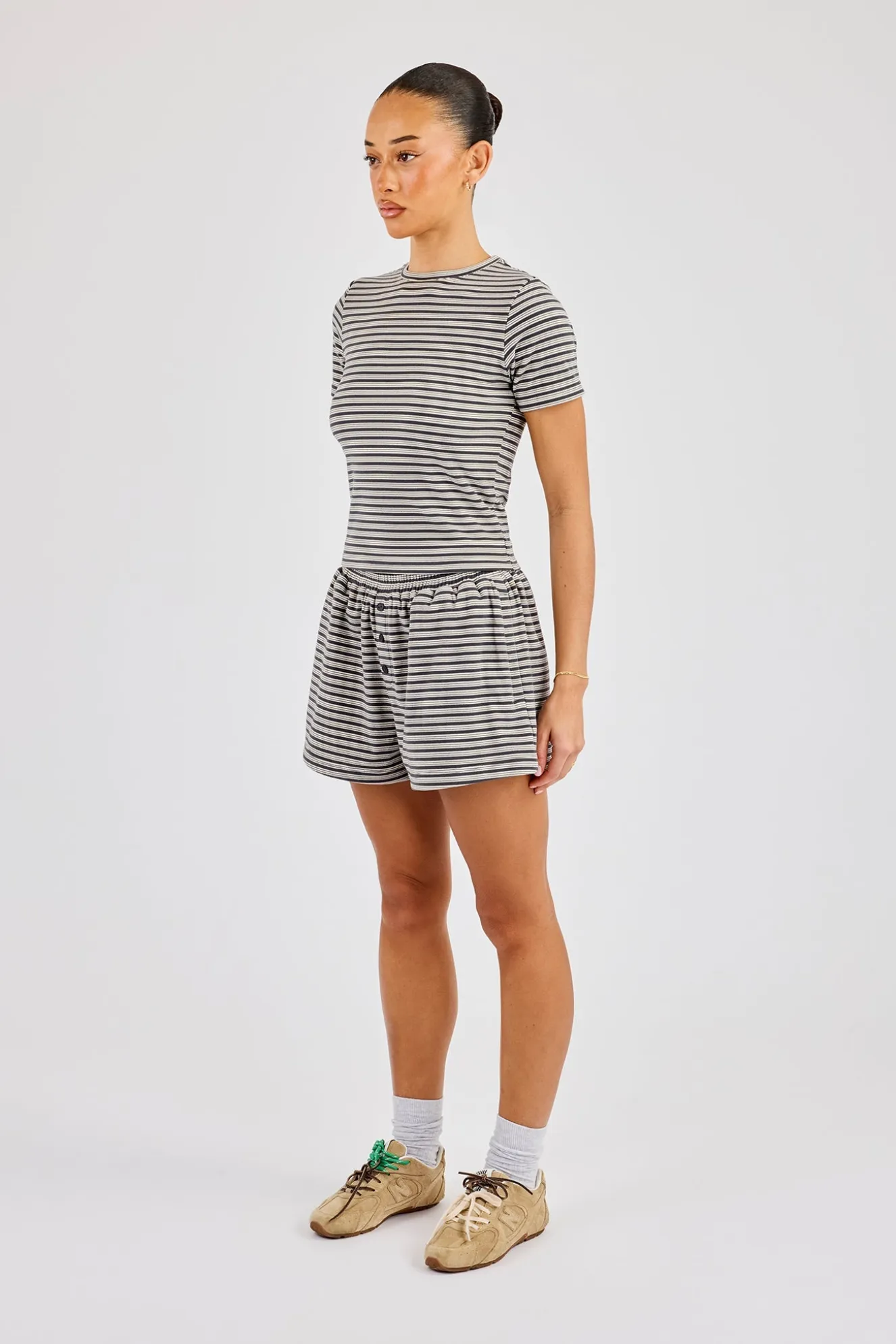 Soft Touch Double Stripe Short Sleeve Top & Short - Grey