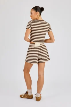 Soft Touch Double Stripe Short Sleeve Top & Short - Beige