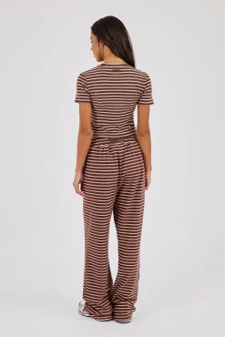 Soft Touch Double Stripe Short Sleeve Top & Button Detail Wide Leg Jogger - Chocolate