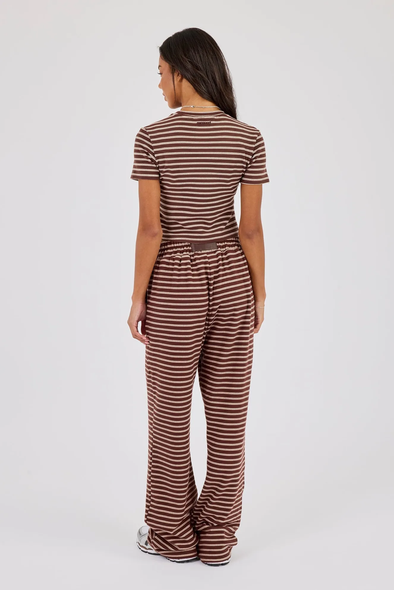 Soft Touch Double Stripe Short Sleeve Top & Button Detail Wide Leg Jogger - Chocolate