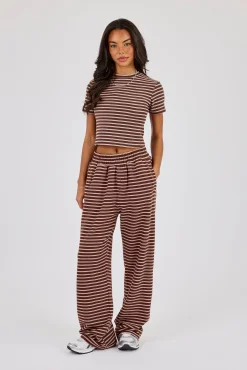 Soft Touch Double Stripe Short Sleeve Top & Button Detail Wide Leg Jogger - Chocolate