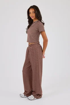 Soft Touch Double Stripe Short Sleeve Top & Button Detail Wide Leg Jogger - Chocolate