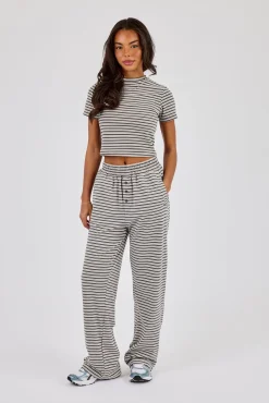 Soft Touch Double Stripe Short Sleeve Top & Button Detail Wide Leg Jogger - Grey