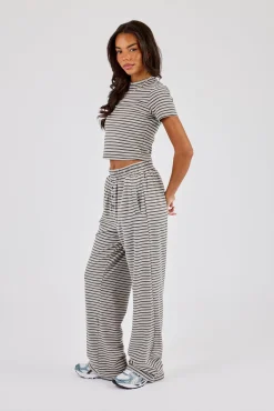 Soft Touch Double Stripe Short Sleeve Top & Button Detail Wide Leg Jogger - Grey