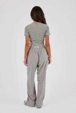 Soft Touch Double Stripe Short Sleeve Top & Button Detail Wide Leg Jogger - Grey