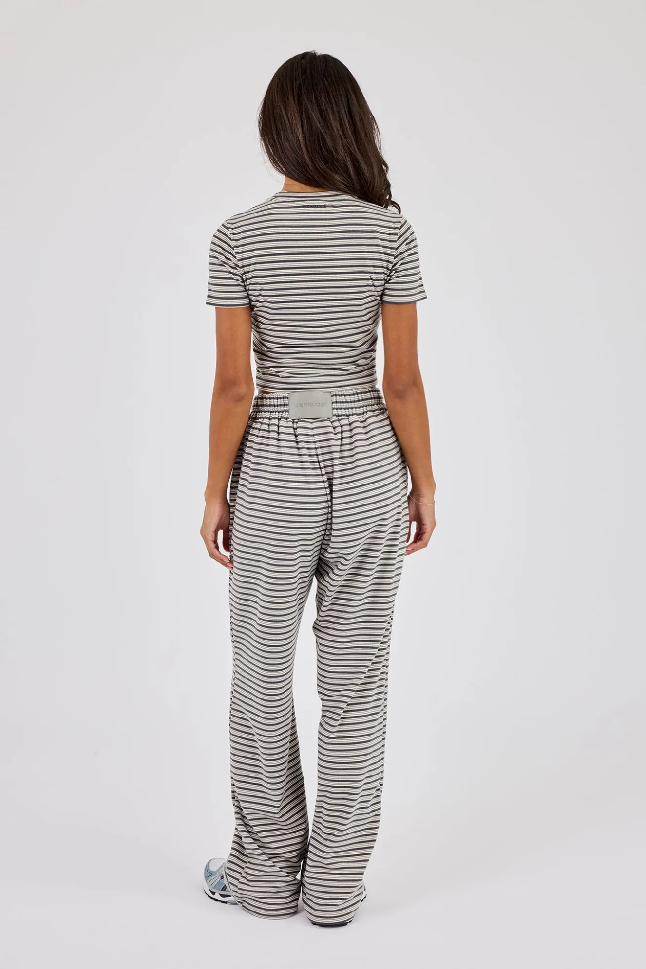 Soft Touch Double Stripe Short Sleeve Top & Button Detail Wide Leg Jogger - Grey