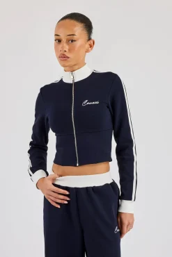 Soft Touch Fitted Zip Through Track Top - Navy Blue