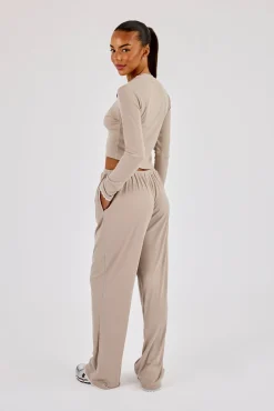 Soft Touch Ribbed Long Sleeve T-Shirt & Trouser - Taupe