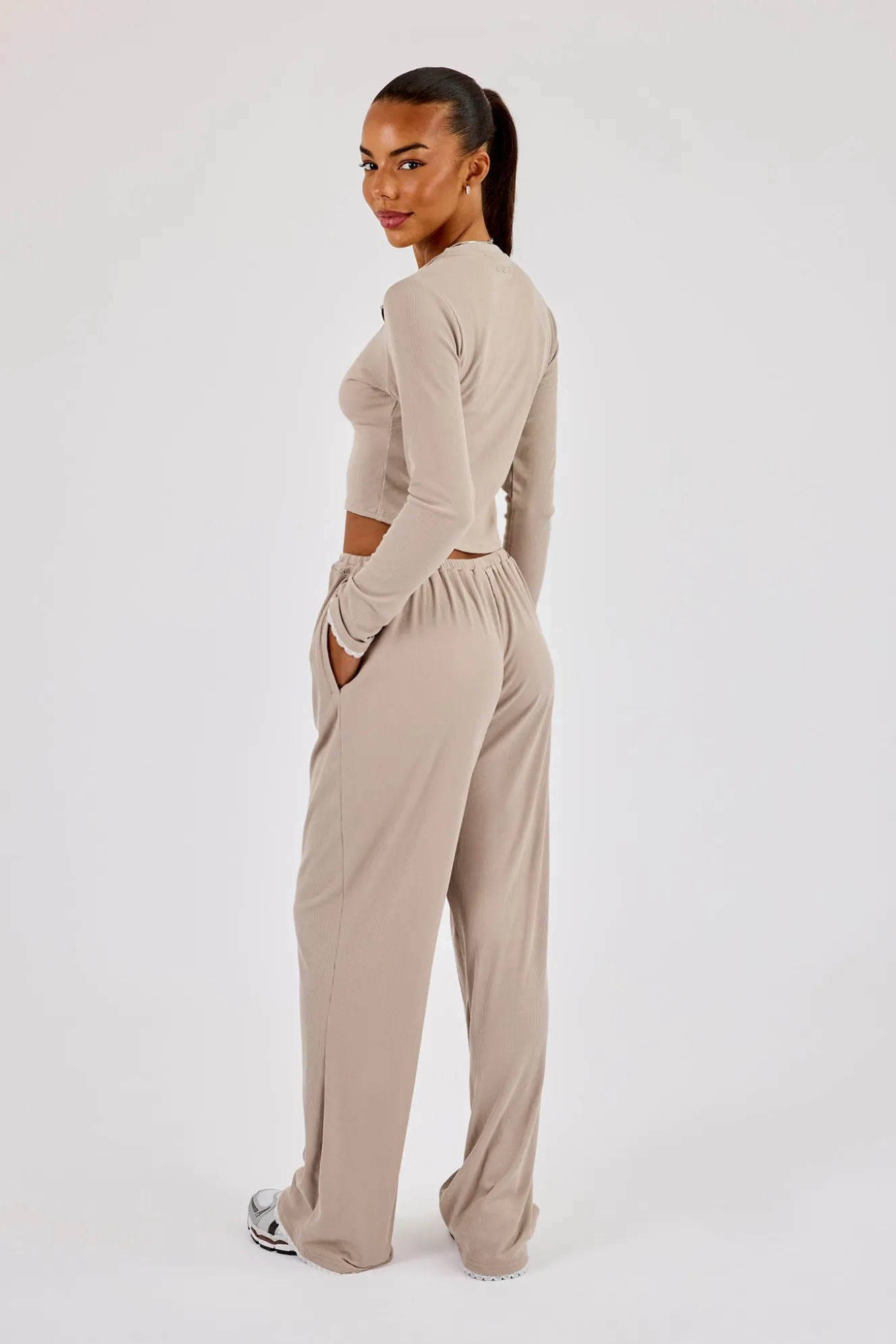 Soft Touch Ribbed Long Sleeve T-Shirt & Trouser - Taupe