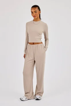 Soft Touch Ribbed Long Sleeve T-Shirt & Trouser - Taupe
